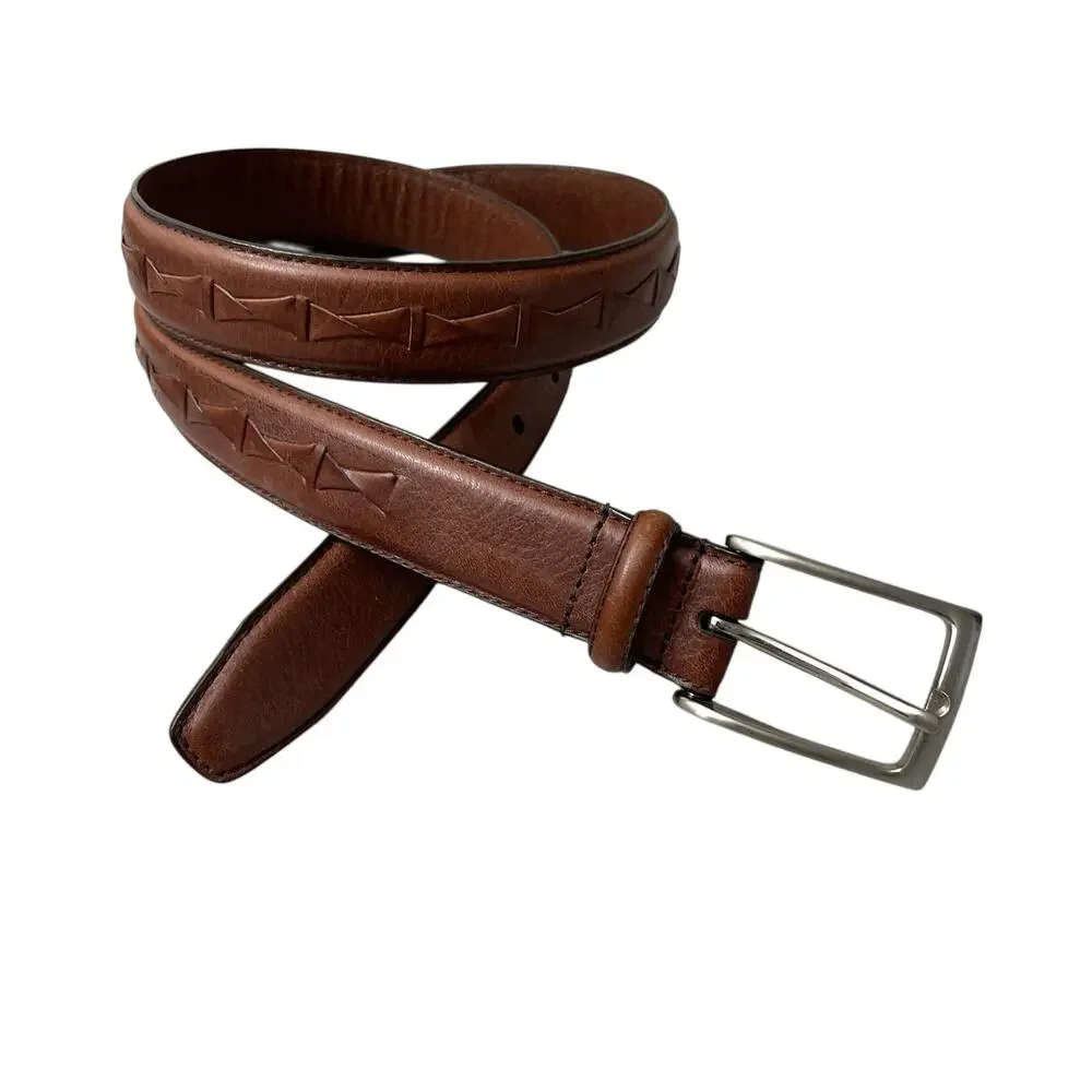 Fossil Brown Leather Belt Mens 38 Silver Buckle Woven 1.25